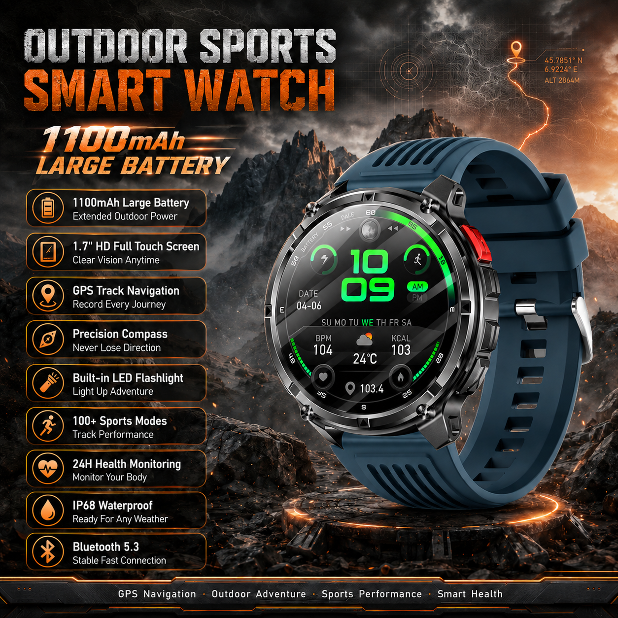 Breath Rate Monitor - Smart Watch IP68 Waterproof Alarm Clock